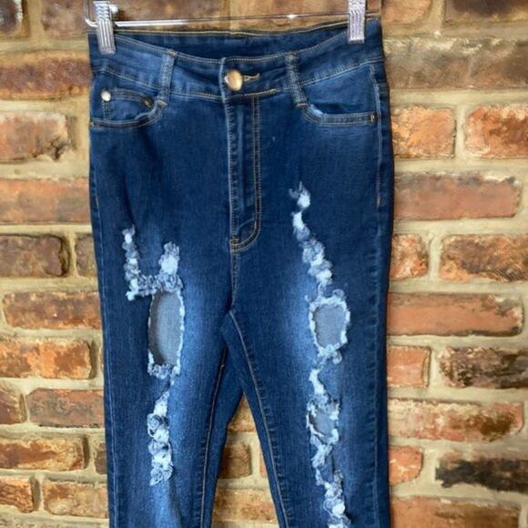 BOB Jeans Faded Dark Wash Blue Denim Distressed Skinny Jeggings Size 7/8 - Picture 2 of 6